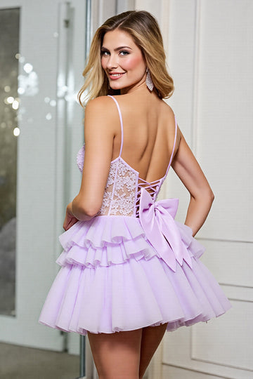 Lilac Tulle A Line Corset Spaghetti Straps Short Prom Dress with Appliques